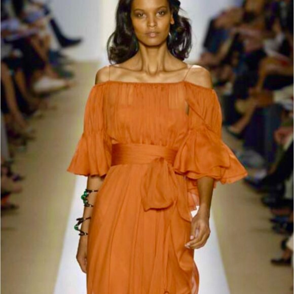 J. Mendel long dress gown sz 6 tassels train off shoulder Sp 2008 - Picture 5 of 16